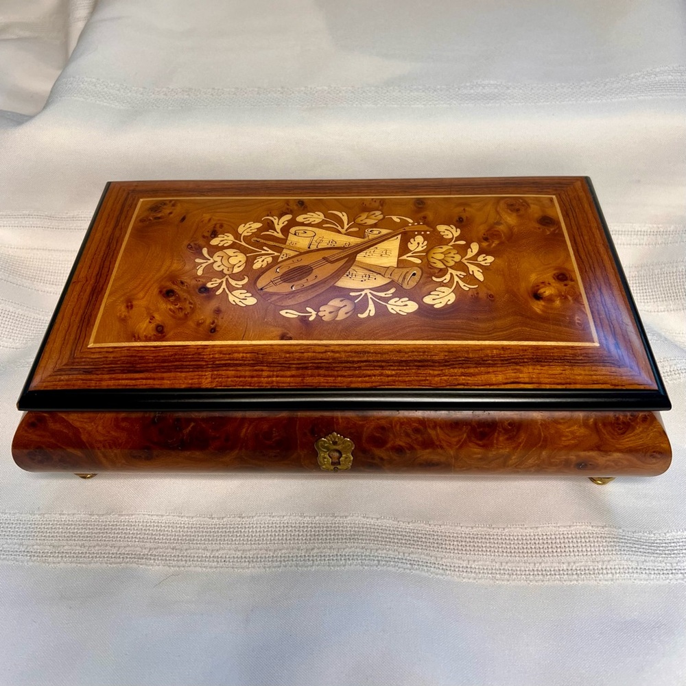 VTG Reuge Musical‎ Jewelry Box Marquetry Burl Wood Brass Ft Italian SALE 1/2 OFF